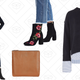 MOTO Midnight Indigo Mom Jeans, $35 | MADAME Embroidery Boots, $90 | CANTON Leather Clean Clutch Bag, $35 | Supersoft Stripe Hybrid Knitted Top, $52